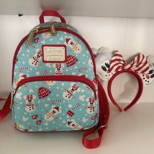 🎄Loungefly Disney Christmas Snowman Minnie and Mickey Backpack  & Matching Ears